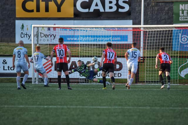 Derry City keeper Brian Maher saves superbly from Shane Farrell's first half penalty. Photograph by George Sweeney.