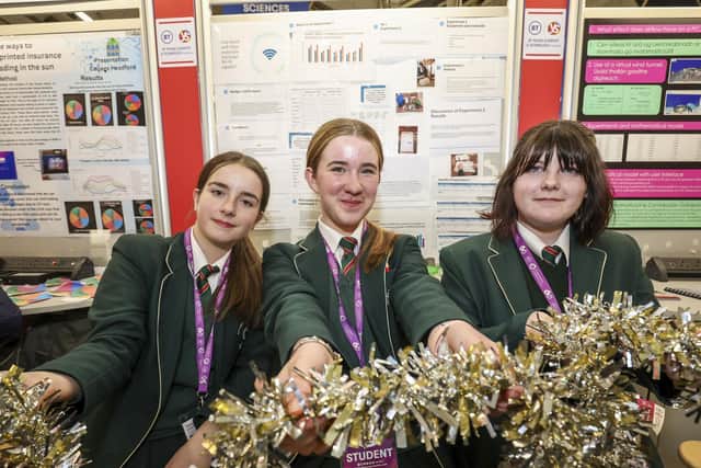 Pictured at a previous showcase were Caoimhe Wilson, Ava McGill and Erin Wilson from St Cecilia's College, Derry and their project 'Truth or Myth: Can tinsel and other materials and substances mess with our Wi-Fi signals?' at the BT Young Scientist & Technology Exhibition 2024 in the RDS Dublin.. Fennell Photography.