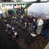 BIG GARDEN LAUNCH AT HOLLYBUSH PS. . . . .Pupils from Hollybush PS cutting the ribbon to officially open their new polytunnel and launch their new food growing garden project supported by Natural World Products (NWP). Included in photo are Colum Eastwood Foyle MP, Mark Durkan MLA, Colm Warren NWP, Feargal Friel, Acting Principal, Cahir O'Connor, Vice Principal, Gareth Lamrock, ECO Schools Education Officer, Allan Bogle Acorn Farm, Sharon McMaster Community Outreach Manager and Horticulturist for NWP, Patricia McCormick, After-School Garden Club Facilitator, Andy McDermott, school caretaker and board of governors representatives Paul Kirby and Angela Dobbins. (Photos: Jim McCafferty Photography)