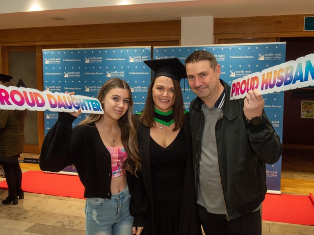 Katie Harvey with Peter and Cara at NWRC's Higher Education and Access Graduation ceremony at the Millennium Forum. (Pic Martin McKeown)