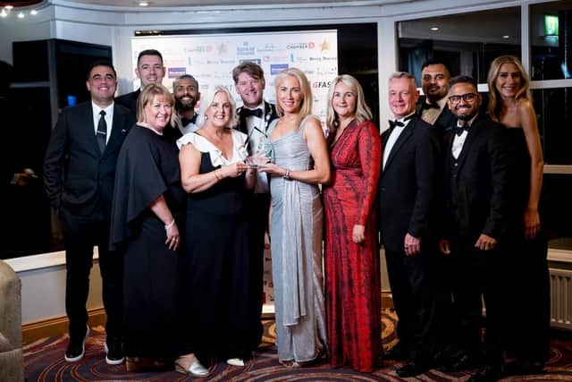 Winners of Hotel of the Year, The Ebrington, pictured with Hugh Hegarty, Chair of City Centre Initiative; Andrew Fleming, President of Londonderry Chamber of Commerce; and Cathy Chauhan of FAST Technologies who sponsored the award.