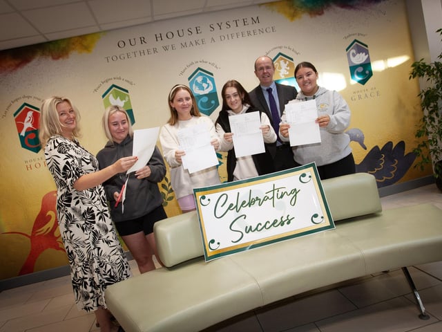 Students from St. Cecilia's College pictured on Thursday morning after receiving their A Level results.