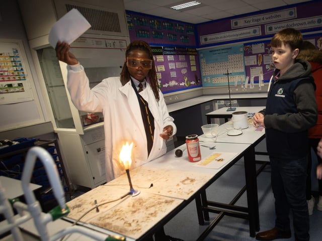 Drumahoe PS pupil Scott Hanna witnessing one of the experiments during a visit to the science department on Tuesday.