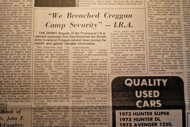 The opening reads: "The Derry Brigade of the Provisional I.R.A claimed yesterday that they breached the British army's camp at Creggan several times during the month and gained valuable information."