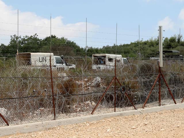 File picture from July 3, 2022, shows UNIFIL, United Nations Interim Force In Lebanon vehicles on patrol. (Photo by JACK GUEZ/AFP via Getty Images)