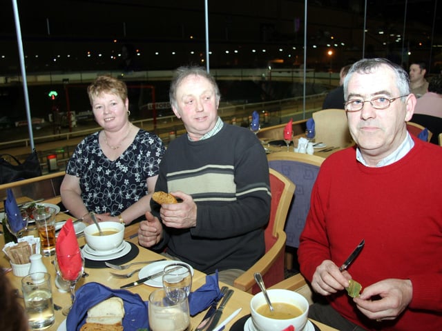 Kathleen McFarland, Martin McFarland, Benny Donaghy enjoy a meal at the Lifford dog track 0047JML : Parties and nights out in Derry and Donegal in February 2006.