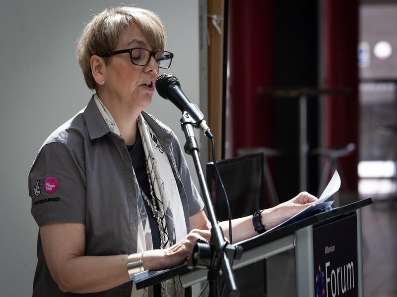 DEEDS Co-Ordinator Sinead Devine addressing the attendance at the Annual DEEDS 'My Perfect Day – Our Perfect Day Exhibition' at the Millennium Forum, Derry on Wednesday afternoon.