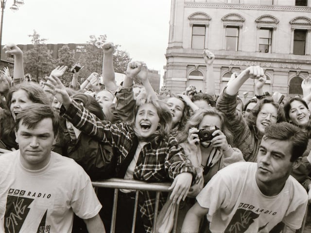 Ecstatic fans enjoying the BBC Radio 1 roadshow in 1993.