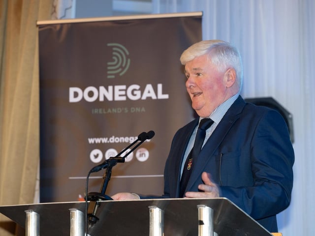 Cllr Nicholas Crossan, Chairperson Tip O'Neill Committee speaking a the 2025 Tip O’Neill Irish Diaspora Awards took place on Friday evening at the Inishowen Gateway Hotel in Buncrana, honouring four exceptional members of the Global Irish community whose achievements reflect the enduring spirit and values of the Irish diaspora. Photo Clive Wasson : .