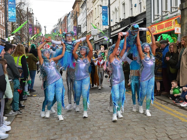 The Derry St Patrick’s Day parade makes its way towards the city centre on Monday afternoon. Photo: George Sweeney.
