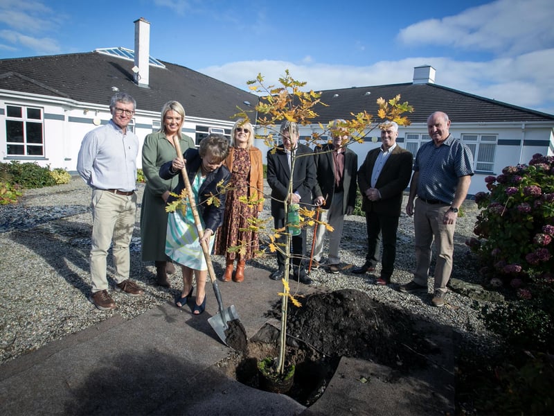 25 YEARS OF WHITE OAKS TREATMENT CENTRE. . . . . .Ms. Marguerite Hamilton, Managing Director, pictured planting a tree to mark 25 years since the official opening of White Oaks Treatment Centre on Saturday afternoon last. Included Stephen McLaughlin, Katrina McCallion, Marian Gallen, Stan McGowan, Brendan Grant, Tony Barron and Brendan Carlin. (Photos: Jim McCafferty Photography)