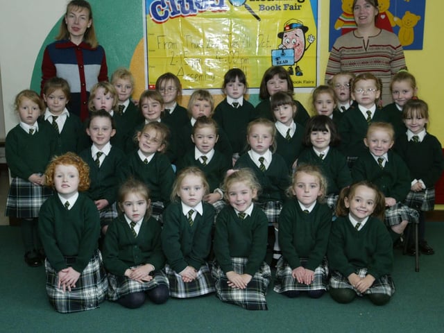 St. Anne's PS, Strab ane P1 pupils with class teacher Louise O'Neill and classroom assistant Pauline Doherty.  (0310JB28):20 years on: Young people across Derry and Donegal starting school in September 2003