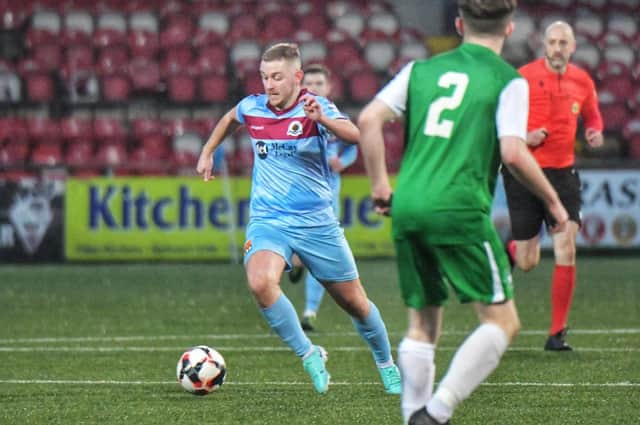 New Institute signing Mikhail Kennedy pictured during his debut against Crumlin Star in the Irish Cup at Brandywell. Photograph by George Sweeney.