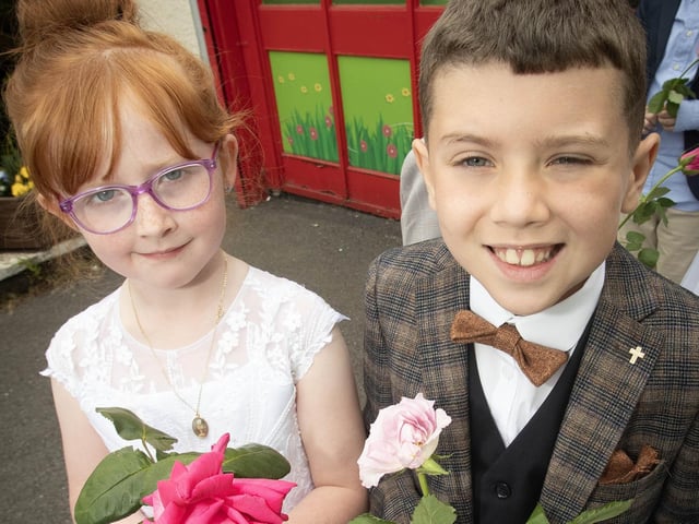 P4 pupils Katie and Lennon ready for Thursday's May Procession at Holy Child PS.