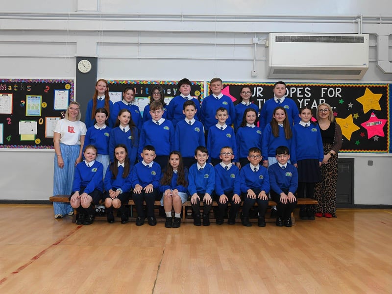 Mrs McGinty, teacher, on the right and Mrs Dunlop with their P7 class at St Paul’s Primary School.