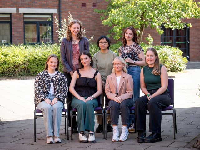 Top Performing Students at A2 Level. Front Row: Tara Burns, Aoife Clarke, Emma Connolly, Erin Creagh. Back Row: Dearbhla Doherty, Aaqilah Effirul, Erin Irvine.