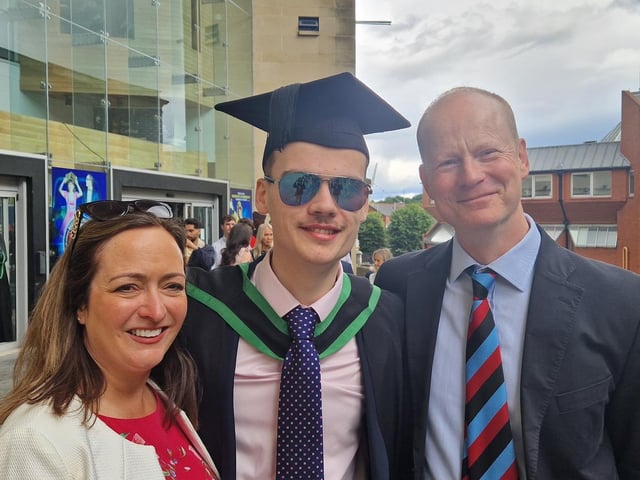 Daniel Sadlier from Belfast was joined by his proud mum and dad Gillian and Michael. Graduating in marketing Daniel said it was overwhelming when he walked across the stage to collect his degree. “I’m also very proud of myself, I've come a long way and it's been a taxing journey but I look forward to seeing what comes in the future.” Daniel said he is taking a gap year to travel and then figure out what's next. Michael, Daniel’s father, shared his immense pride, stating, "We couldn't be prouder; this is a tremendous achievement for him, and he has truly worked hard to reach this point."
