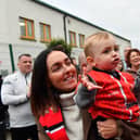 Derry City fans at the Brandywell Stadium prior to the team’s departure for Dublin ahead of the FAI Cup Final against Drogheda United. Photograph: George Sweeney