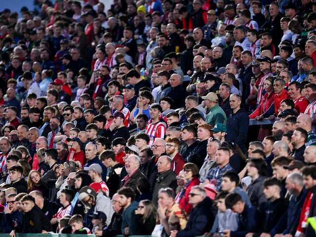 The crowd during the SSE Airtricity Men's Premier Division match between Derry City and Shamrock Rovers at Find Insurance Celtic Park in Derry. Photo by Stephen McCarthy/Sportsfile