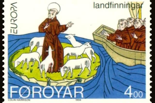 A stamp issued in 1994 commemorating St. Brendan making landfall.