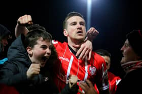 Derry City skipper Patrick McEleney celebrates the big win over Shamrock Rovers at the Ryan McBride Brandywell Stadium last February. Credit: Kevin Moore/mci