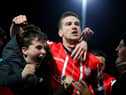 Derry City skipper Patrick McEleney celebrates the big win over Shamrock Rovers at the Ryan McBride Brandywell Stadium last February. Credit: Kevin Moore/mci