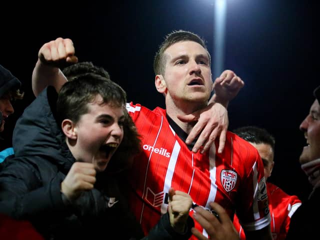 Derry City skipper Patrick McEleney celebrates the big win over Shamrock Rovers at the Ryan McBride Brandywell Stadium last February. Credit: Kevin Moore/mci