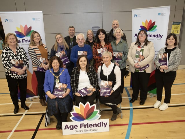 L-R Mayor of Derry City & Strabane District Council, Cllr Patricia Logue, with Ciara Burke, Programme Manager, Derry City & Strabane District Council and Fiona Teague, Head of Health & Social Wellbeing Improvement, Public Health Agency along with key stakeholders from the Age Friendly Alliance, Co-design Steering Group, Over 50’s Reference Group and older peoples representatives across the Derry City and Strabane District Council.