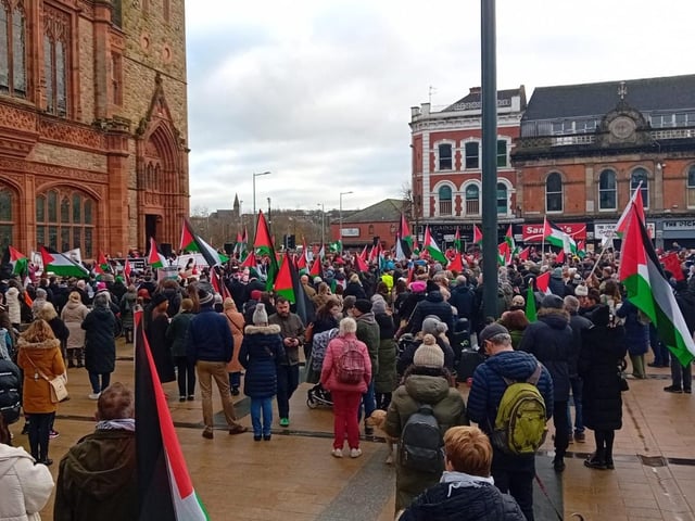 Thousands participate in Derry rally for Palestine calling for a ceasefire in Gaza on January 13, 2024