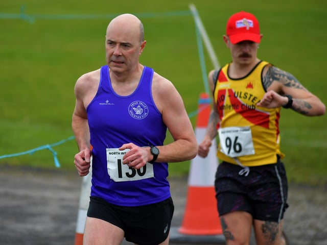 Foyle Valley’s Gavin McElwee (130) competing in the Spartans open cross country 6k race at Thornhill College on Saturday. Photo: George Sweeney
