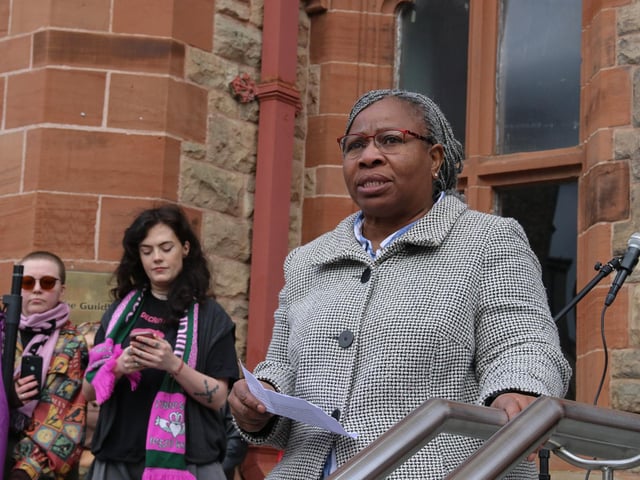Beverly Simpson, Unison Trade Union, speaking at the rally in Guildhall Square. (Photo - DeirdreHeaney, nwpresspics)