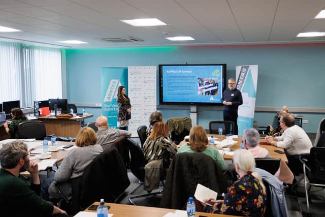 Eve Cobain from AONTAS and Colin Neilands from FALNI deliver a presentation at the North West Regional College campus in Derry on plans to improve Adult Education in Northern Ireland.