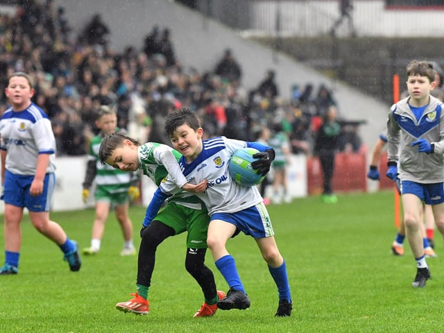 Young footballers from Faughanvale and Ballinderry playing during the SFC final interval at Celtic Park on Sunday afternoon. Photo: George Sweeney