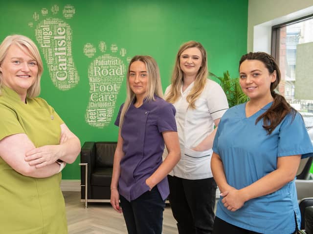 Podiatrists: Elaine Mclaughlin, Chiara Fiorentini, Emma Crilly and Nichola Tighe, who all studied Level 3 Diplomas at NWRC (equivalent of three A-Levels) before going on to study the BSC Degree in Podiatry. Photo: Martin McKeown.