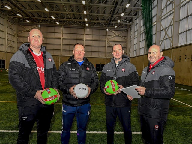 Eoghan Carlin, Doire Trasna coach, Gary Cunningham, Steelestown Brian Ogs coach, Derry GAA Games Manager Killian Conlan and Ben McGuickin Derry GAA Performance Analyst pictured at the Cumann na mBunscoil skills test held at Sean Dolans GAC on Friday. Photo: George Sweeney