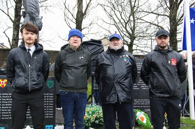 Adrian Kelly, Martin McMonagle, Danny Morrison and Paudric Moran, speakers at the IRSP Easter wreath laying commemoration at the Republican Socialist plot, City Cemetery. (Photo - Deirdre Heaney, nwpresspics)