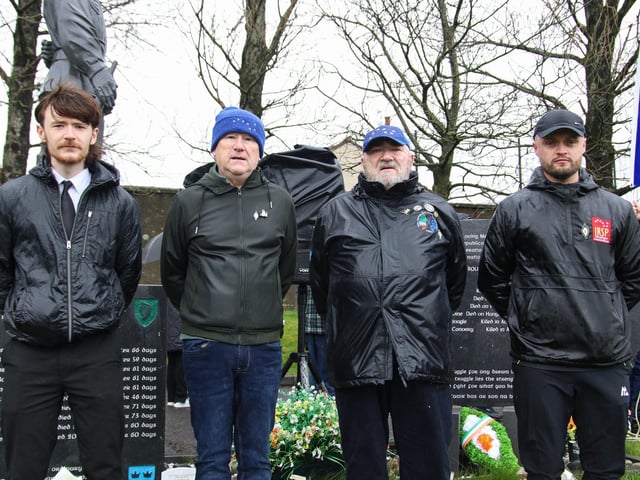 Adrian Kelly, Martin McMonagle, Danny Morrison and Paudric Moran, speakers at the IRSP Easter wreath laying commemoration at the Republican Socialist plot, City Cemetery. (Photo - Deirdre Heaney, nwpresspics)