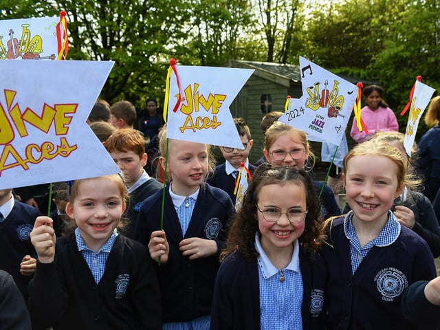 Pupils pictured at the Jive Aces performance at Rosemount Primary School on Thursday morning. Photo: George Sweeney