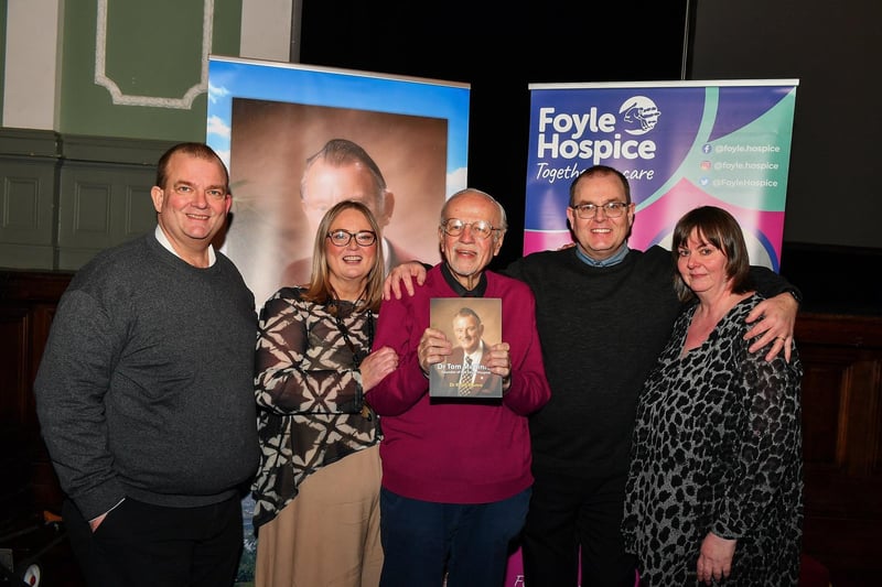Dr Keith Munro pictured at the launch of his book on the life of Dr Tom McGinley, Foyle Hospice founder and palliative care pioneer, at St Columb’s Hall on Wednesday evening. Included in the photo are Dr McGinley’s children Ronan, Aisling, Ciarán and Sineád. Photo: George Sweeney