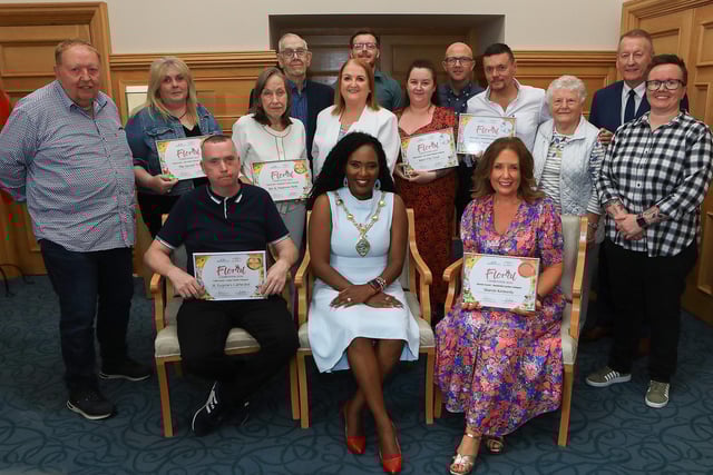 Mayor Lilian Seenoi Barr with prize winners and guests at the City Centre Initiative Floral Competition 2024 award ceremony held in the Mayor's Parlour.  Included on right are Lorraine Allen, Project Manager, and Jim Roddy, CEO of City Centre Initiative. (Photo - Tom Heaney, nwpresspics)