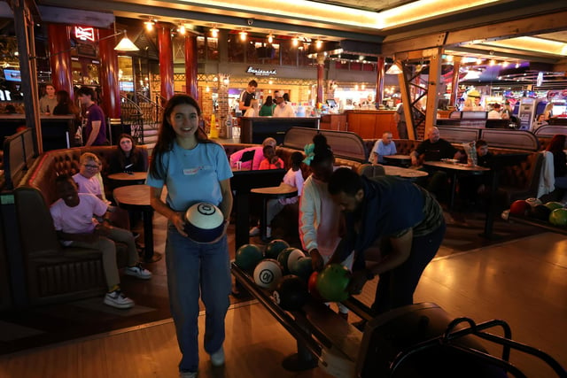 Youth leader Deirbhile Herron takes aim at the bowling alley.