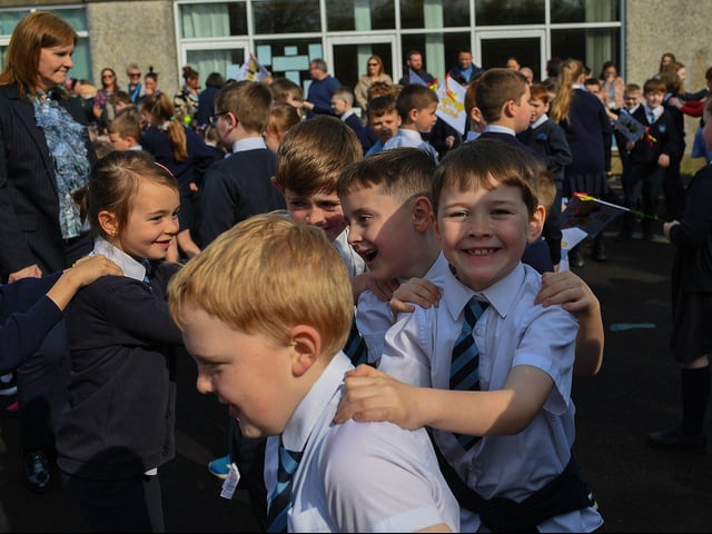 Pupils pictured at the Jive Aces performance at Rosemount Primary School on Thursday morning. Photo: George Sweeney