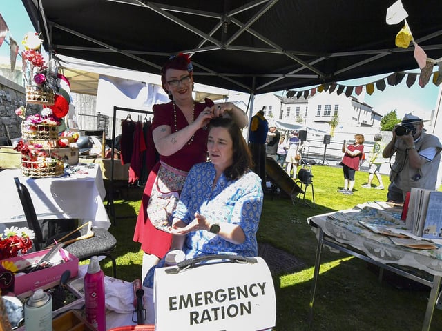 Recreating hair styles and fashion from the 1940’s in Ebrington square on Saturday during a commemoration of BOA80. Photo: George Sweeney