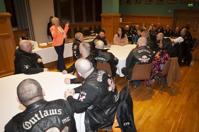 The Mayor of Derry City and Strabane District Council, Sandra Duffy addressing members of The Outlaws Motorcycle Club at the Guildhall during a reception in their honour on Friday night.:.