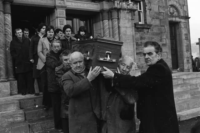 Pallbearers carrying Patsy Duffy's coffin from St. Columba's Chapel, Long Tower.