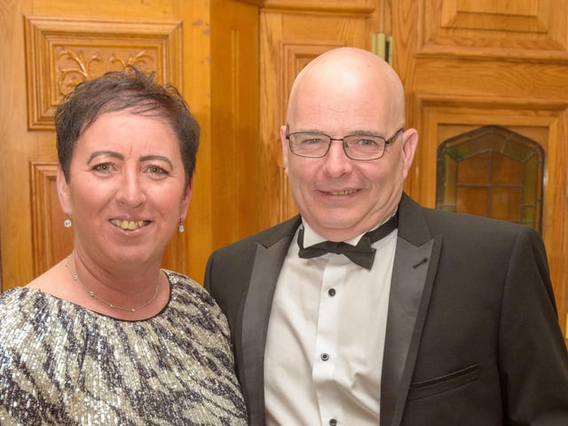 The Mayor Councillor Patricia Logue hosted the annual Mayor’s Ball in the Guildhall in aid of her crossed Charities the Foyle Hospice and Ryan McBride Foundation. Pictured at the event are guests, Anne Marie Casey and Liam O’Neill. Picture Martin McKeown. 24.05.24