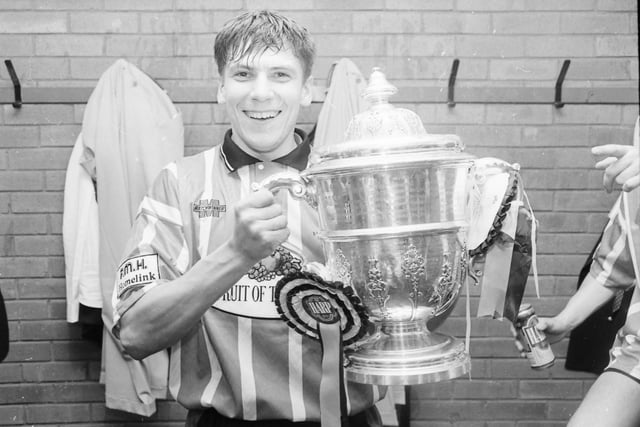 Derry City right-back Pascal Vaudequin celebrating after the match.