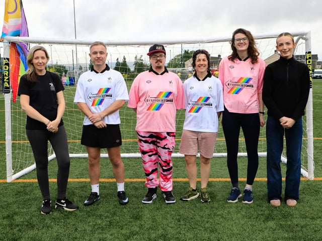 Members of theFoyle Pride committee, from left, Mary Molloy, Paul O’Kane, Aaron Devlin Maeve O’Neill, Blaithlin Gillen and Chrissie Hamill at the Foyle Pride Football v Homophobia held in the Waterside Shared Village. (Photo - Tom Heaney, nwpresspics)