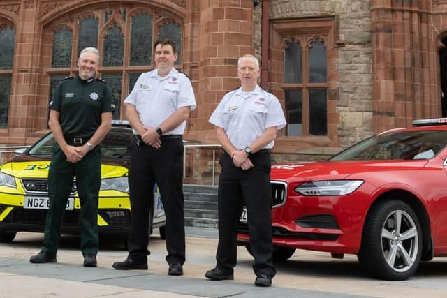 Area Commander Chief Superintendent Nigel Goddard, Davy Doherty, Group Commander, NIFRS and NIFRS Station Commander, Kevin Chester.