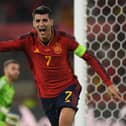 Spain's Alvaro Morata celebrates scoring the opener in the 2-0 win over Scotland. (Photo by JORGE GUERRERO/AFP via Getty Images)